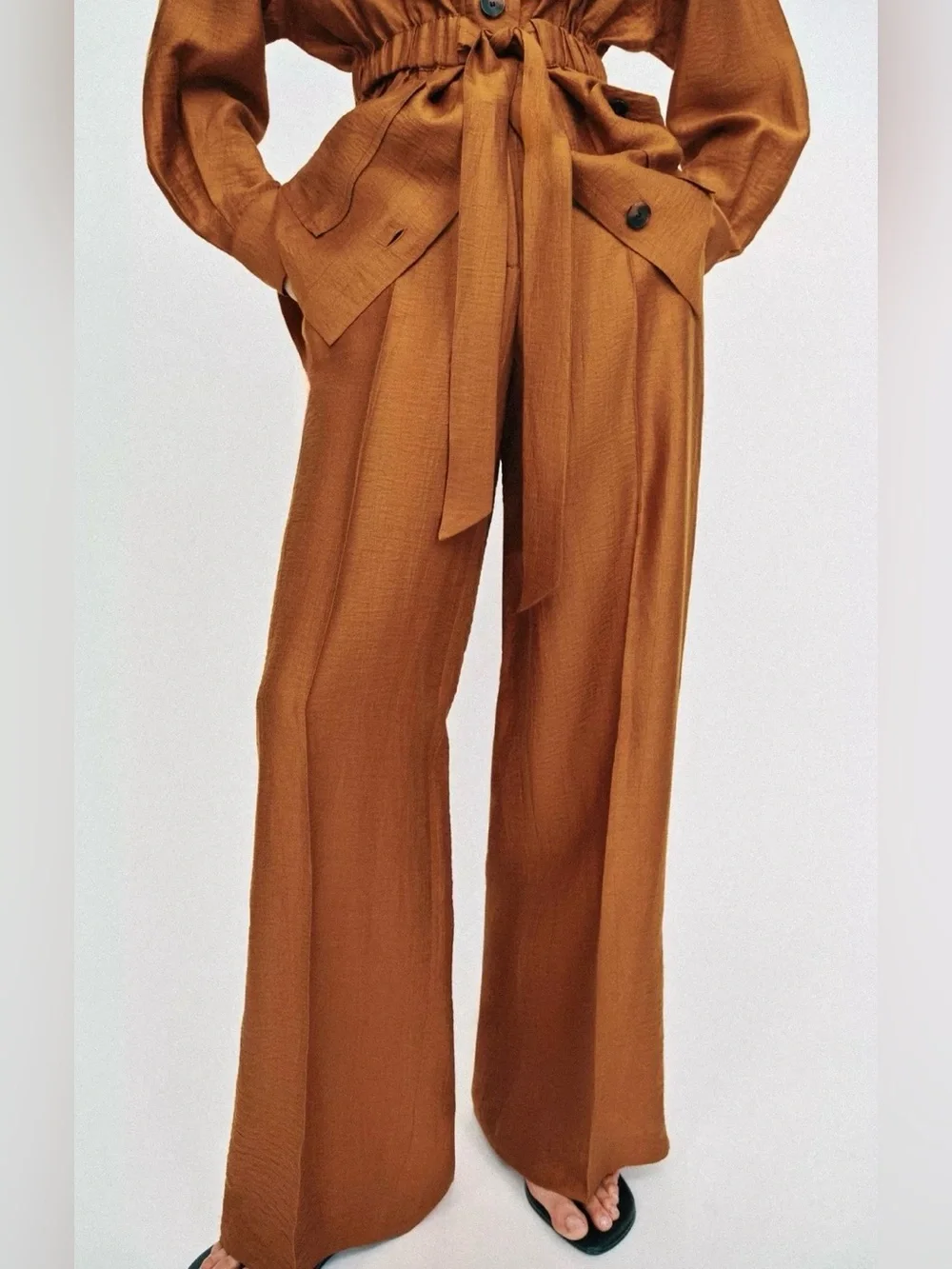 Zara Brown Linen Blend Pleated Wide Leg Trousers with Slits